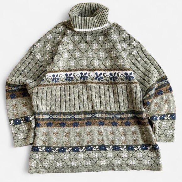 Vintage Private Eyes Sage Green Blue Flower Fair Isle Turtleneck Sweater M - Picture 1 of 5